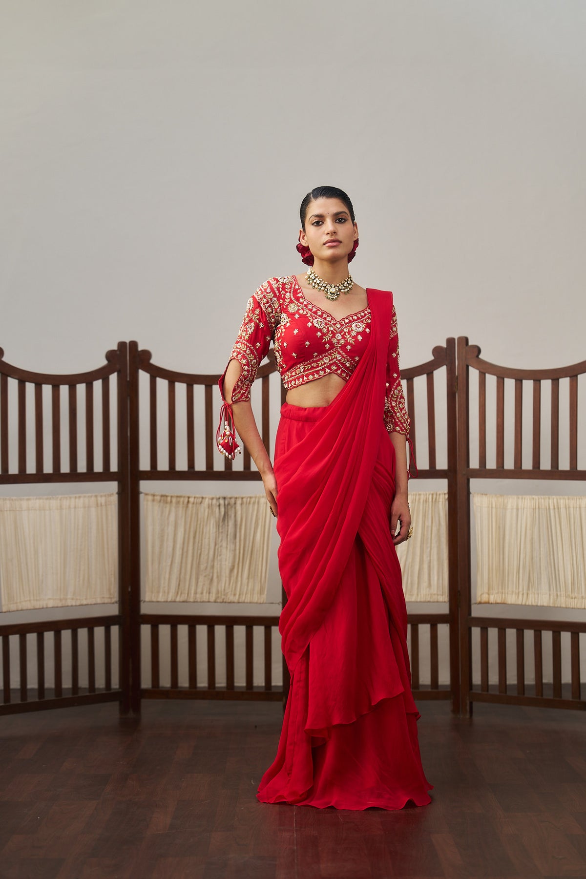 Red Pre - Drape Saree Set