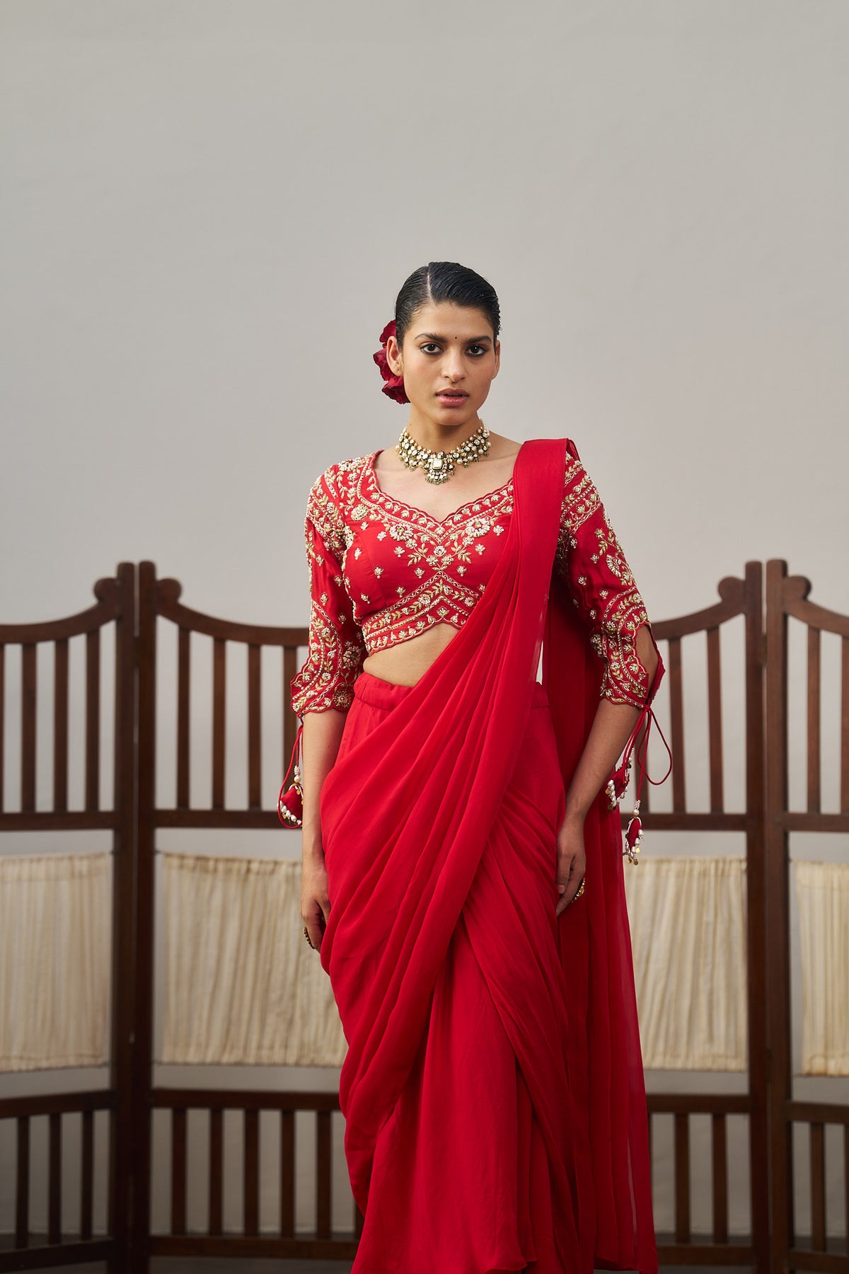 Red Pre - Drape Saree Set
