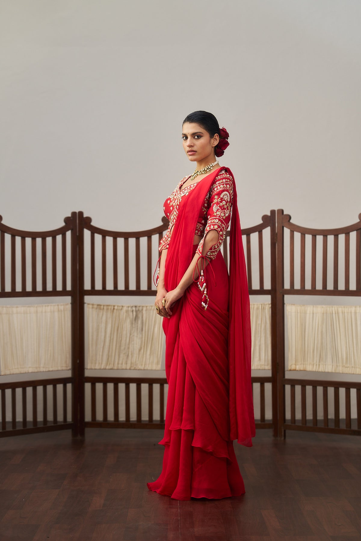 Red Pre - Drape Saree Set