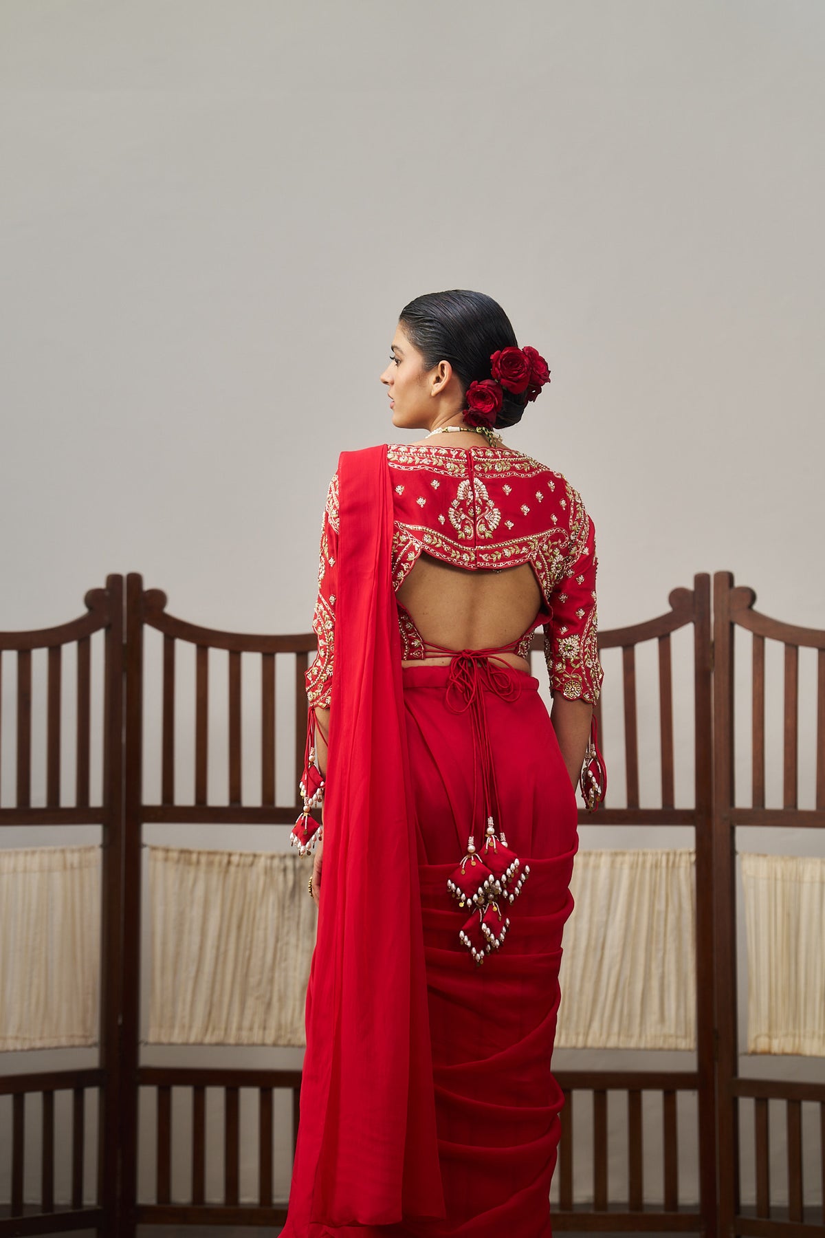 Red Pre - Drape Saree Set