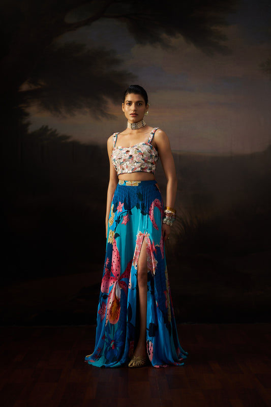 Blue Heavy Top And Slit Skirt