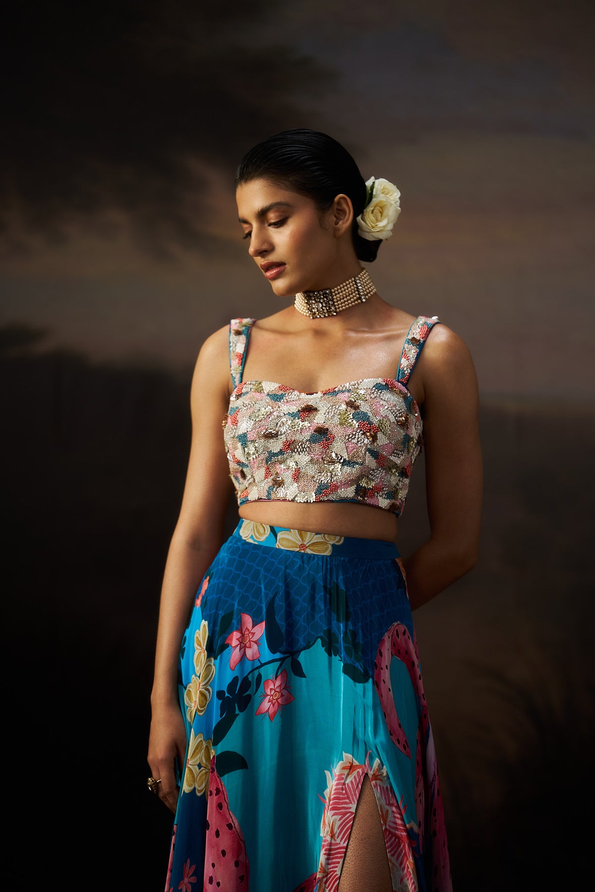 Blue Heavy Top And Slit Skirt