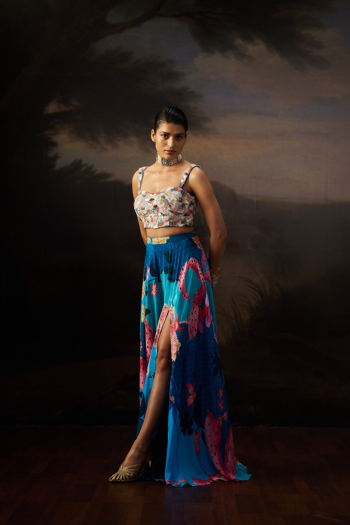 Blue Heavy Top And Slit Skirt