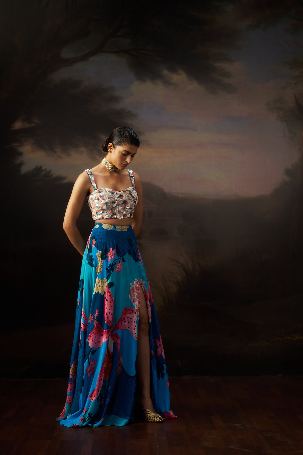 Blue Heavy Top And Slit Skirt