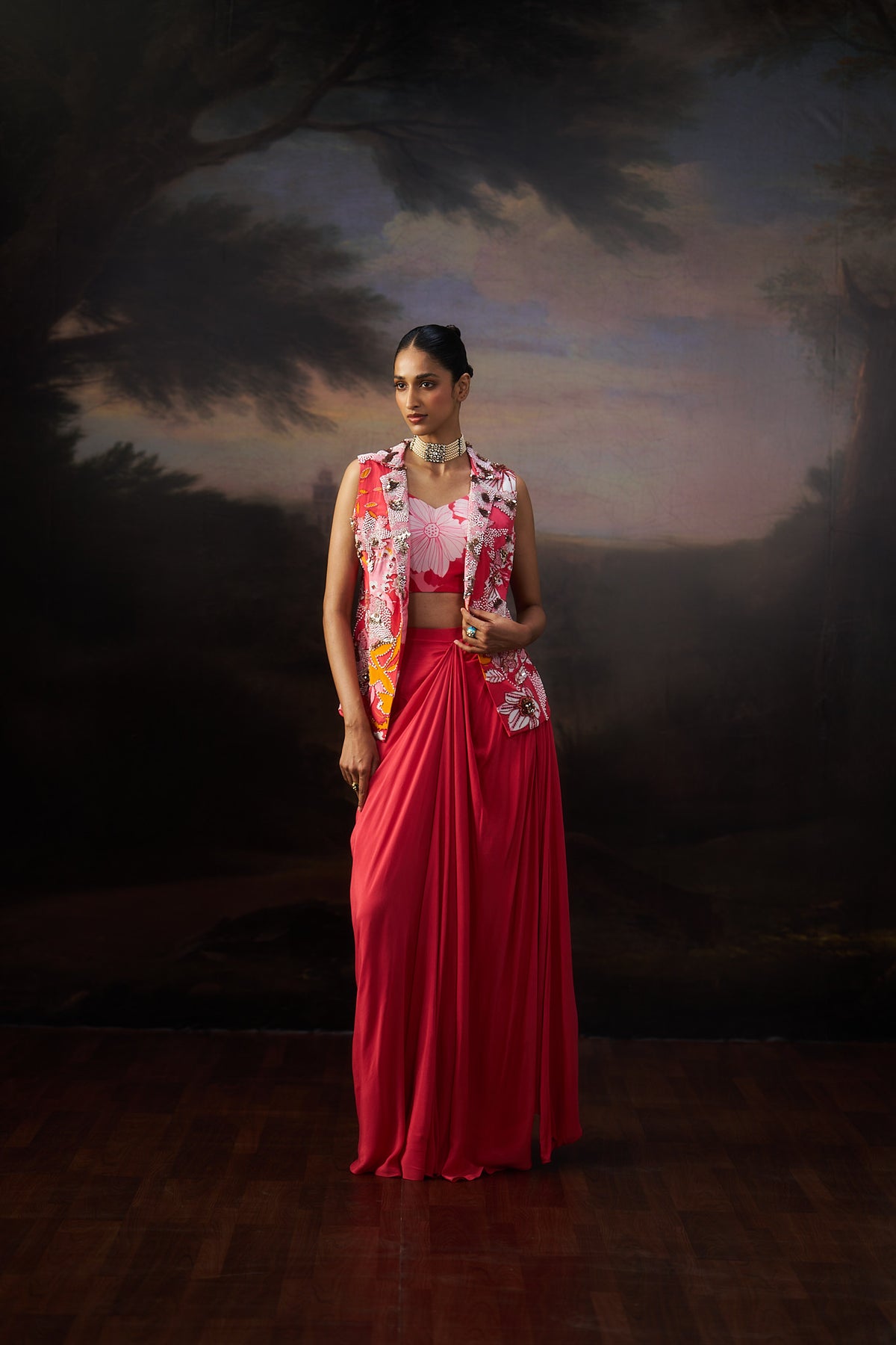Coral Jacket And Drape Skirt Set