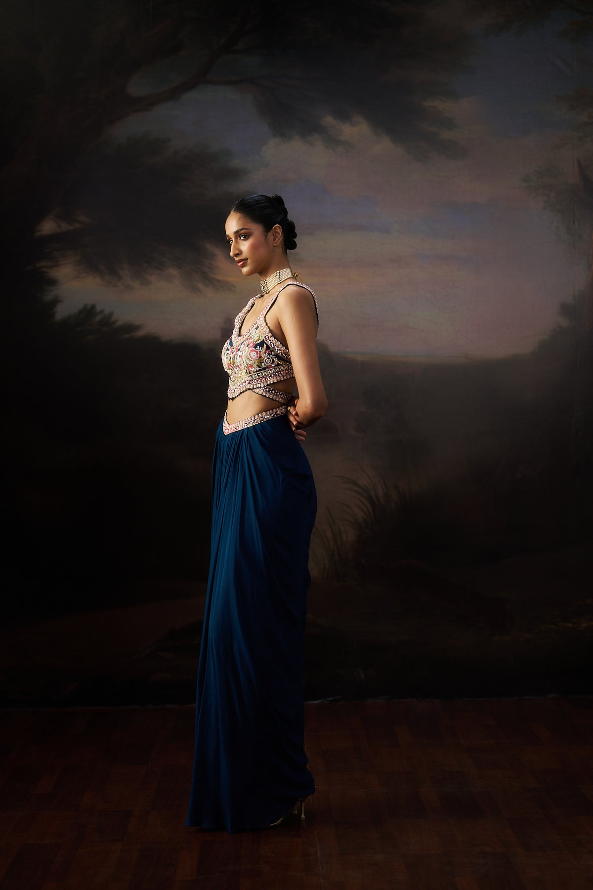 Navy Blue Printed Crop Top & Drape Skirt