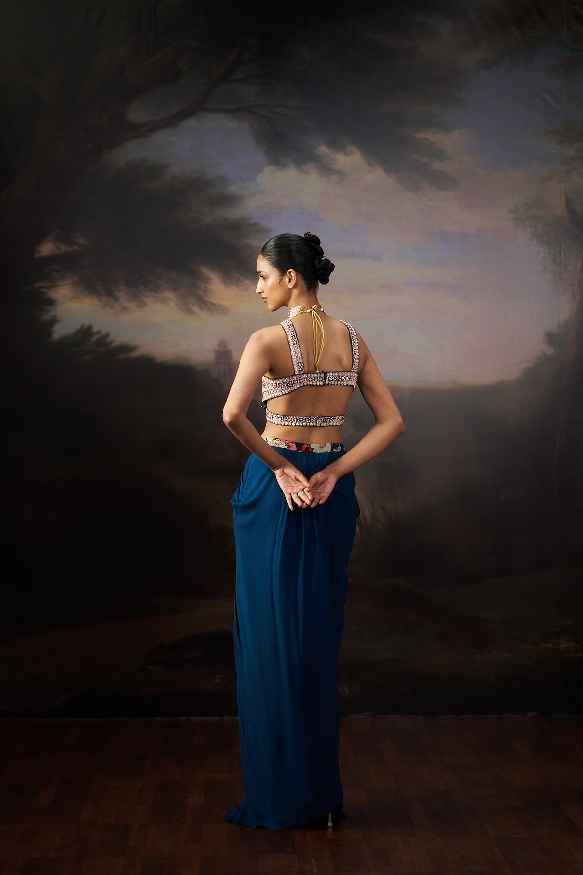 Navy Blue Printed Crop Top & Drape Skirt