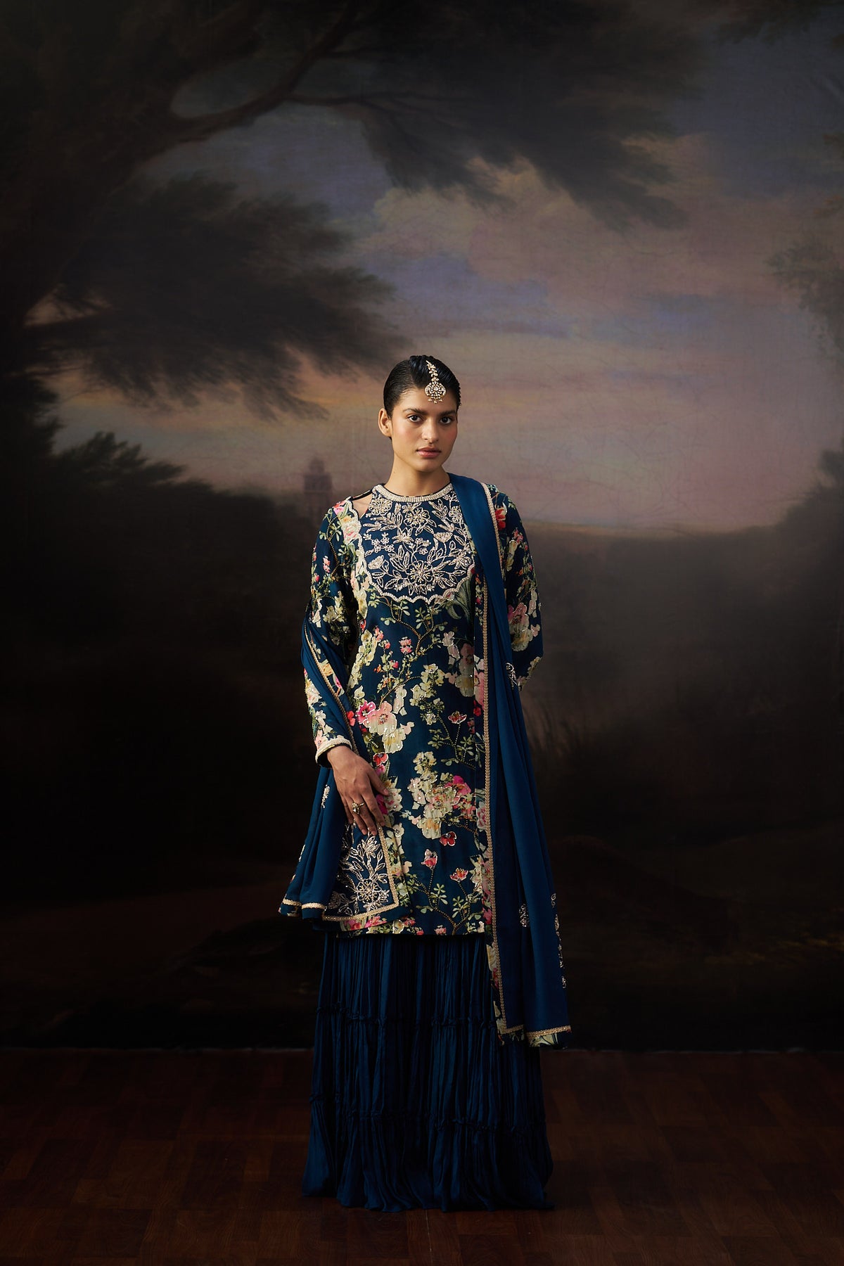 Navy Blue Printed Kurta And Sharara Set