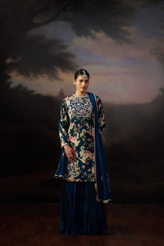 Navy Blue Printed Kurta And Sharara Set