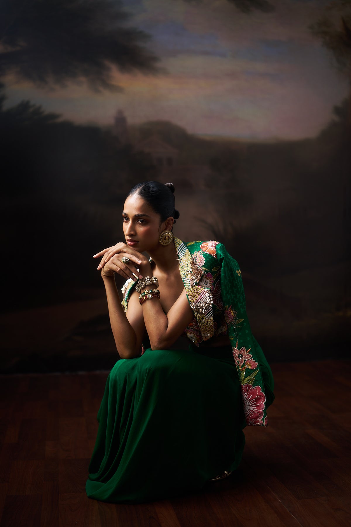 Green Printed Jacket And Drape Skirt