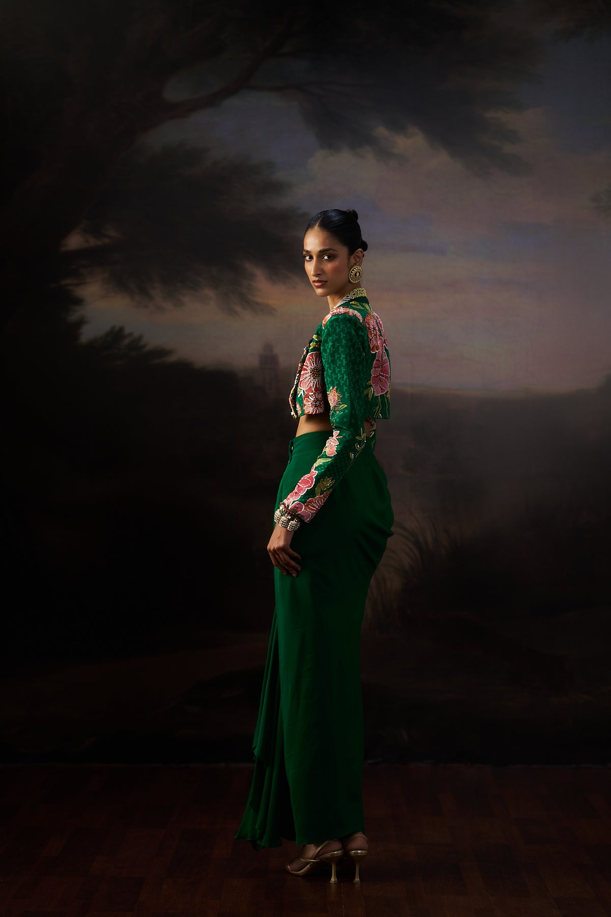 Green Printed Jacket And Drape Skirt