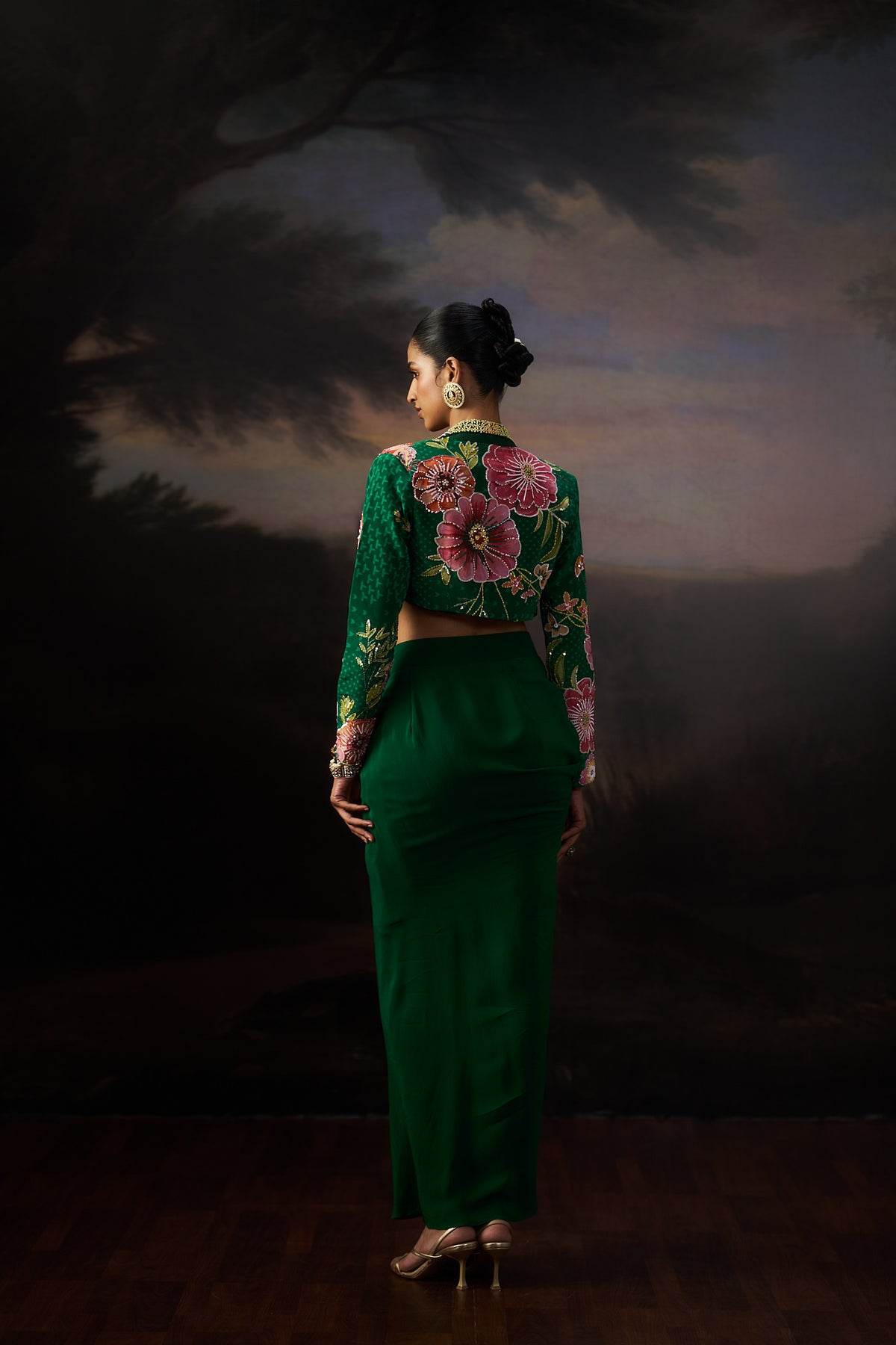 Green Printed Jacket And Drape Skirt