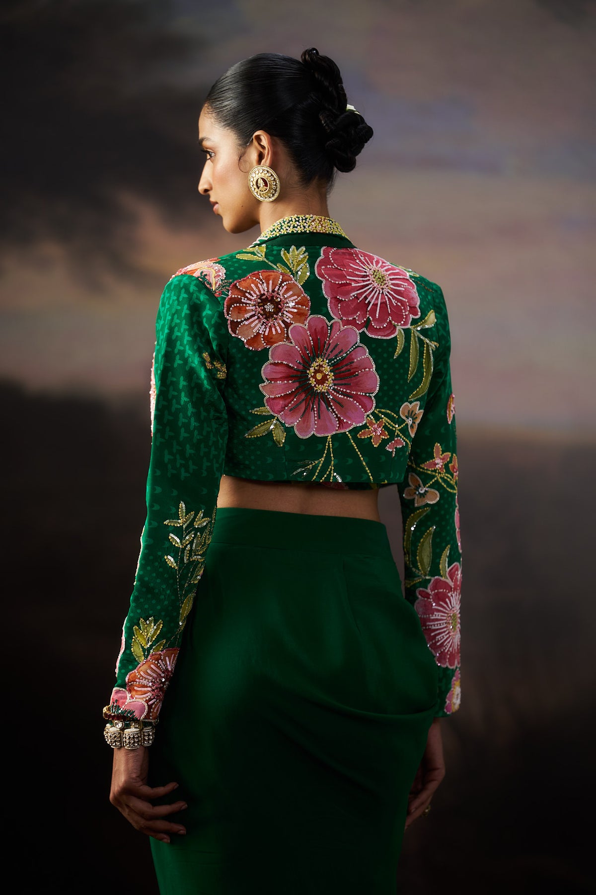 Green Printed Jacket And Drape Skirt