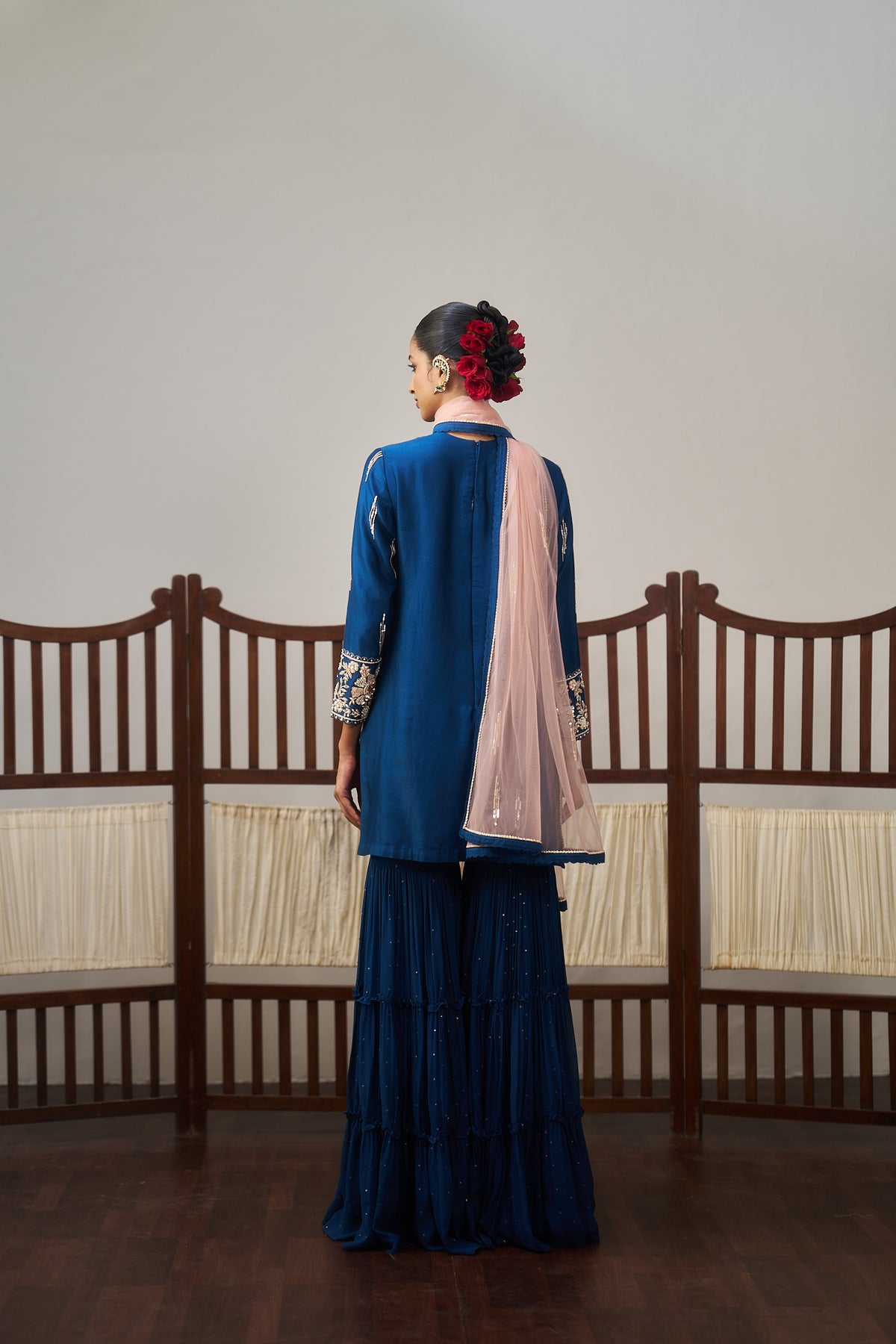 Dark Blue Short Kurta And Sharara Set