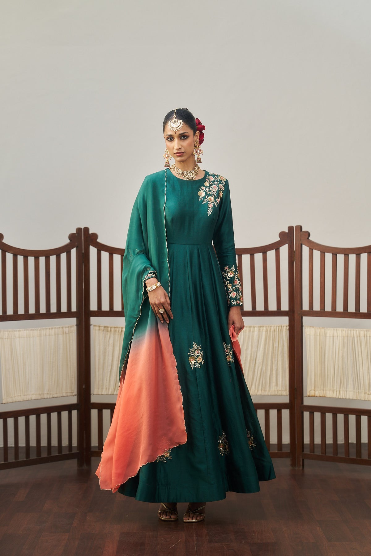 Dark Green Chanderi Anarkali Set