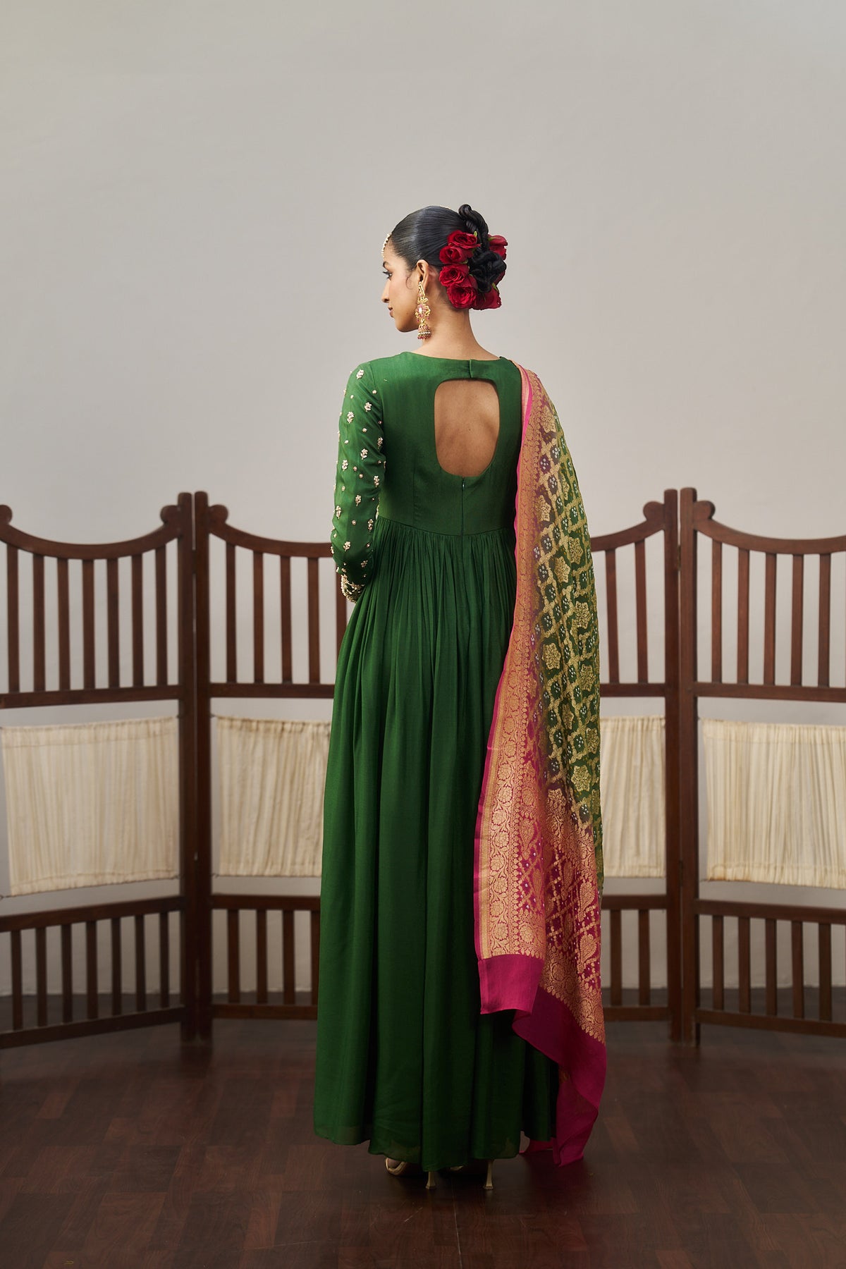 Dark Green Anarkali And Banarasi Bandhani Dupatta Set