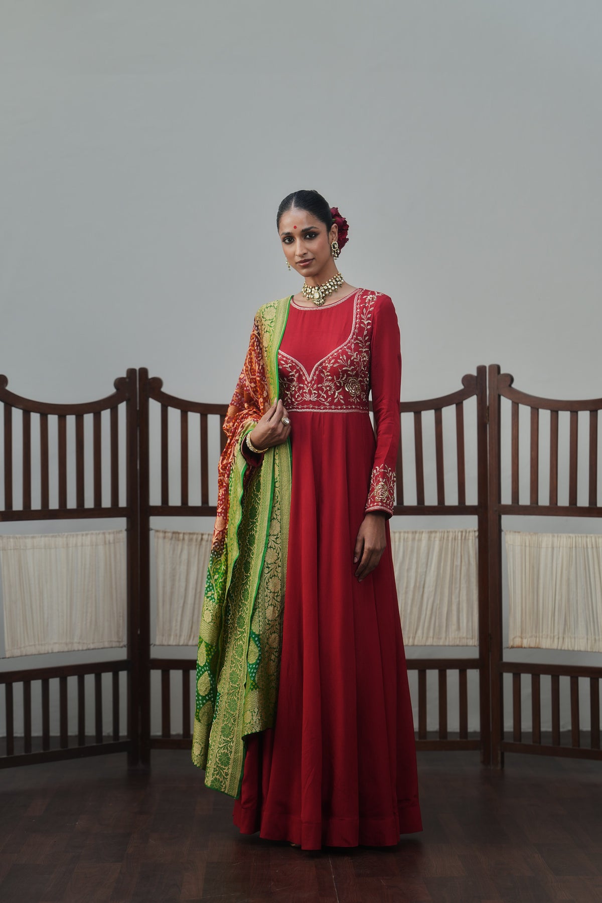 Red Anarkali And Banarasi Bandhani Dupatta Set