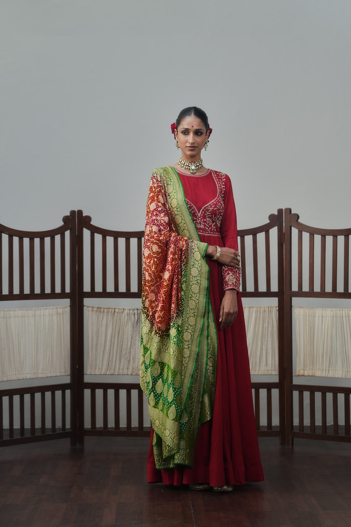 Red Anarkali And Banarasi Bandhani Dupatta Set
