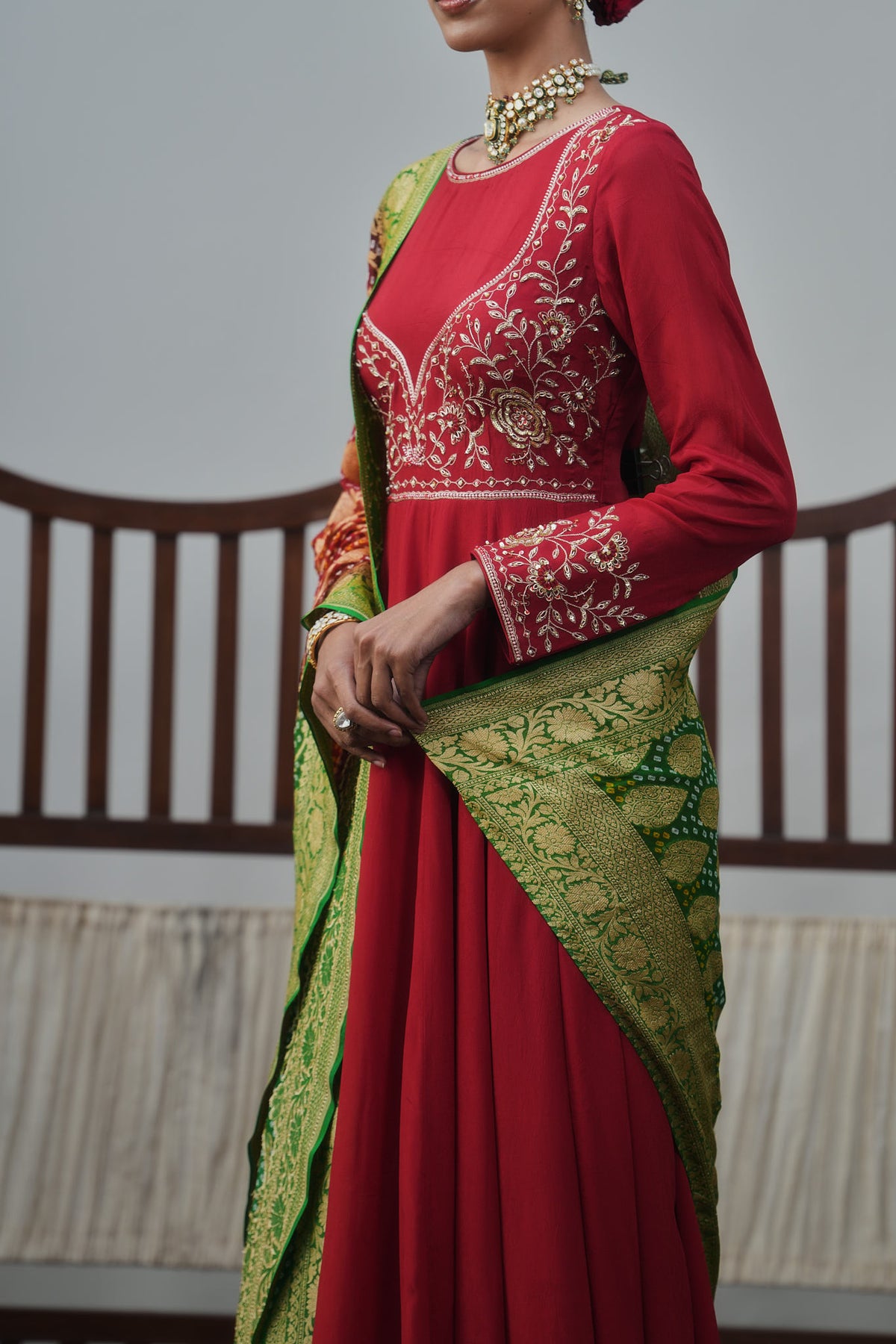 Red Anarkali And Banarasi Bandhani Dupatta Set