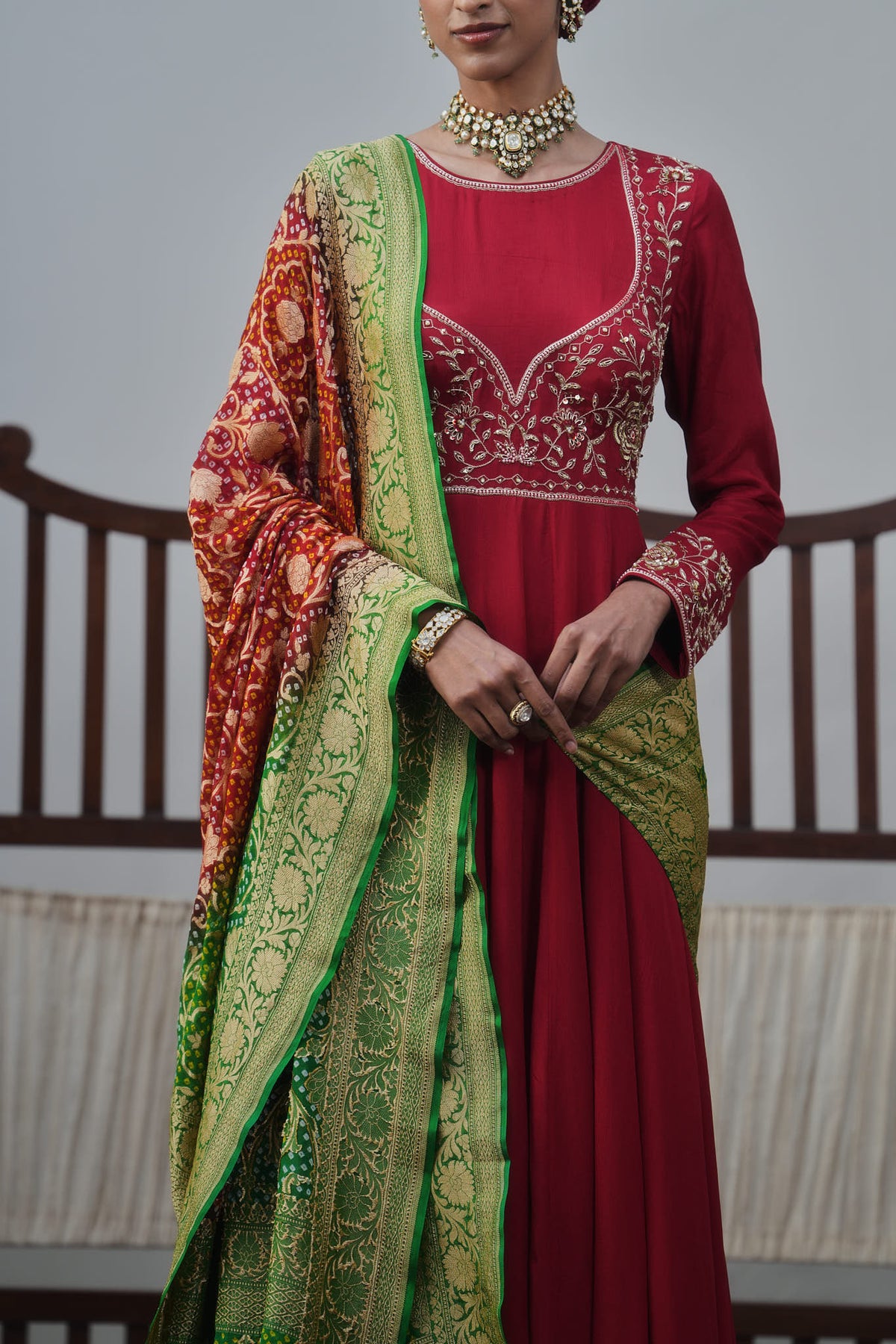 Red Anarkali And Banarasi Bandhani Dupatta Set