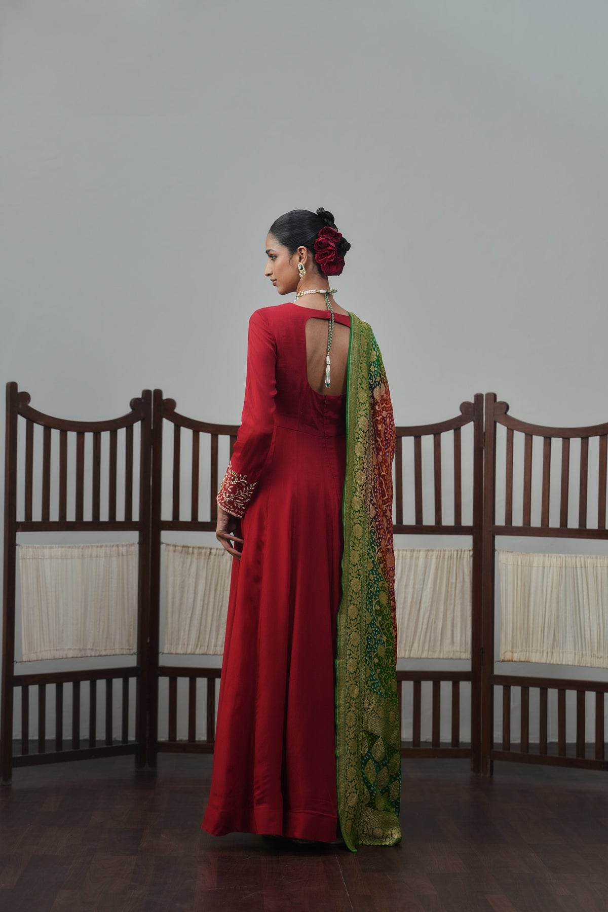 Red Anarkali And Banarasi Bandhani Dupatta Set