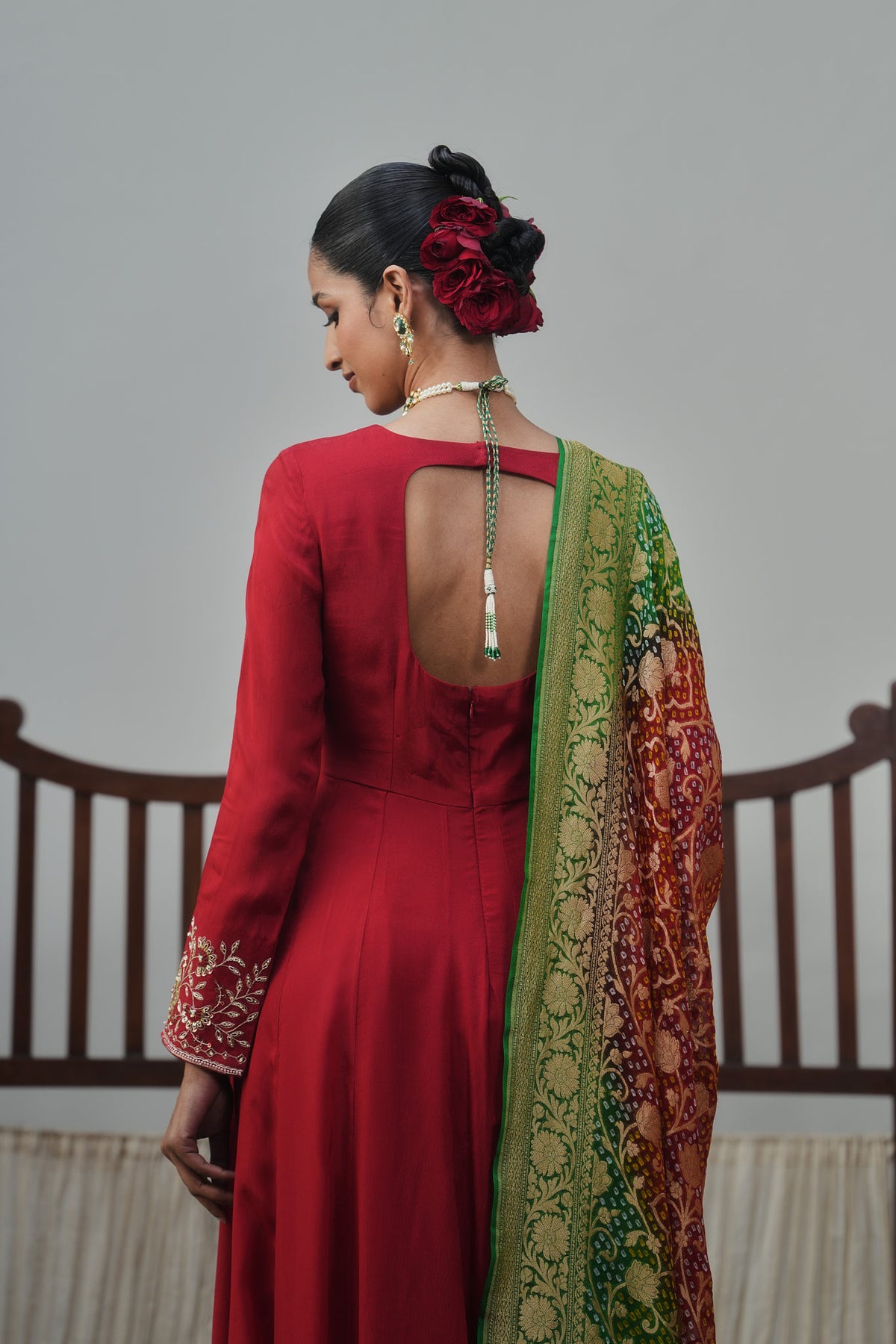 Red Anarkali And Banarasi Bandhani Dupatta Set