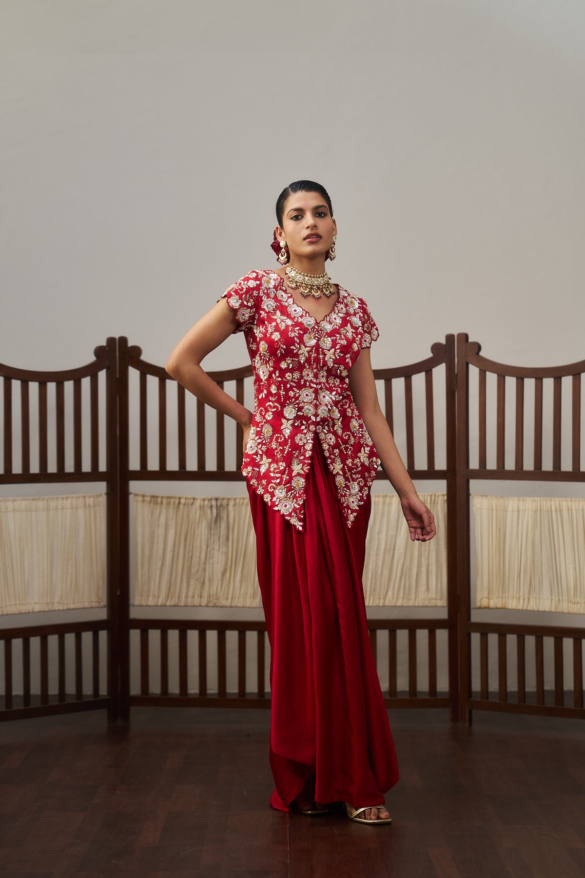 Red Gajji Silk Top & Drape