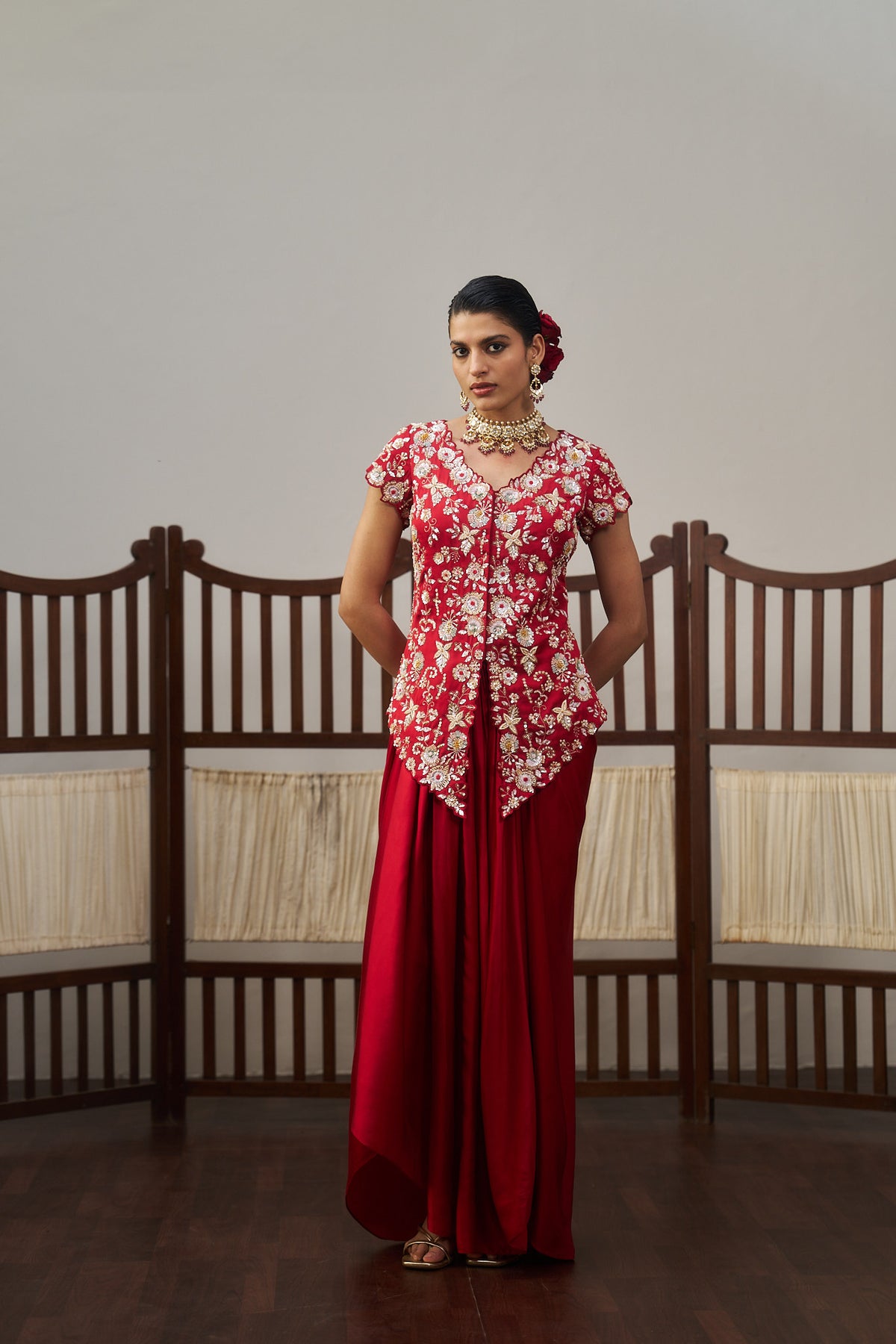 Red Gajji Silk Top & Drape