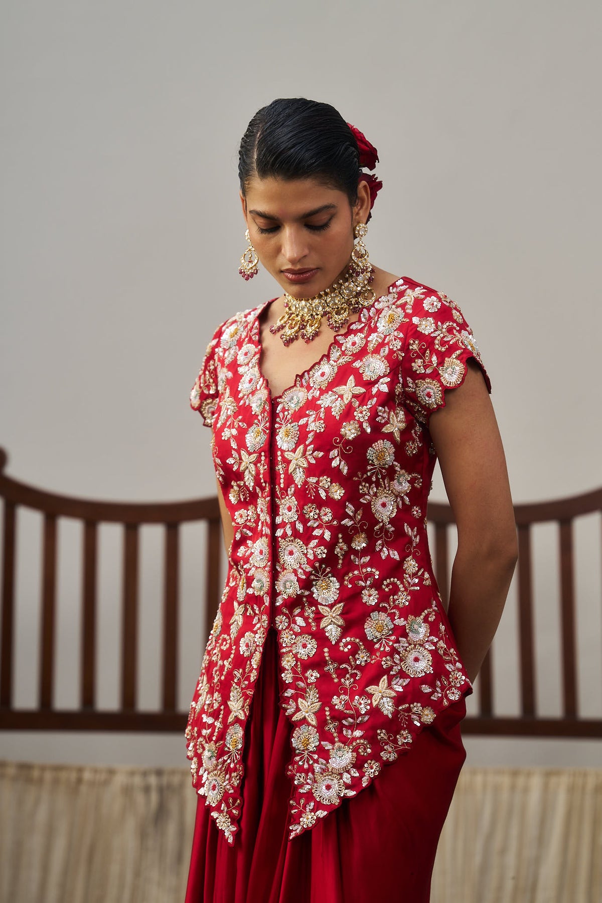 Red Gajji Silk Top & Drape