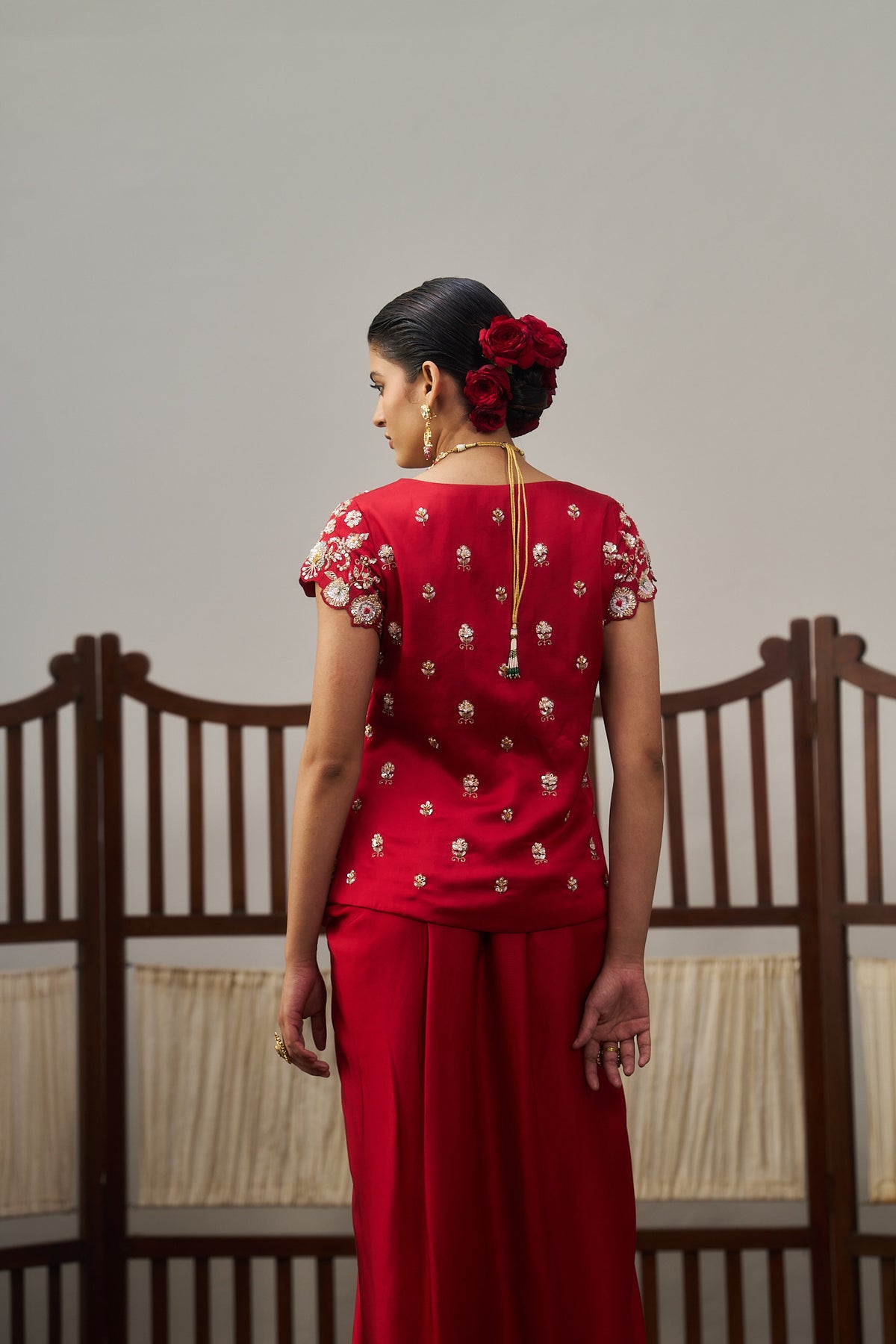 Red Gajji Silk Top & Drape