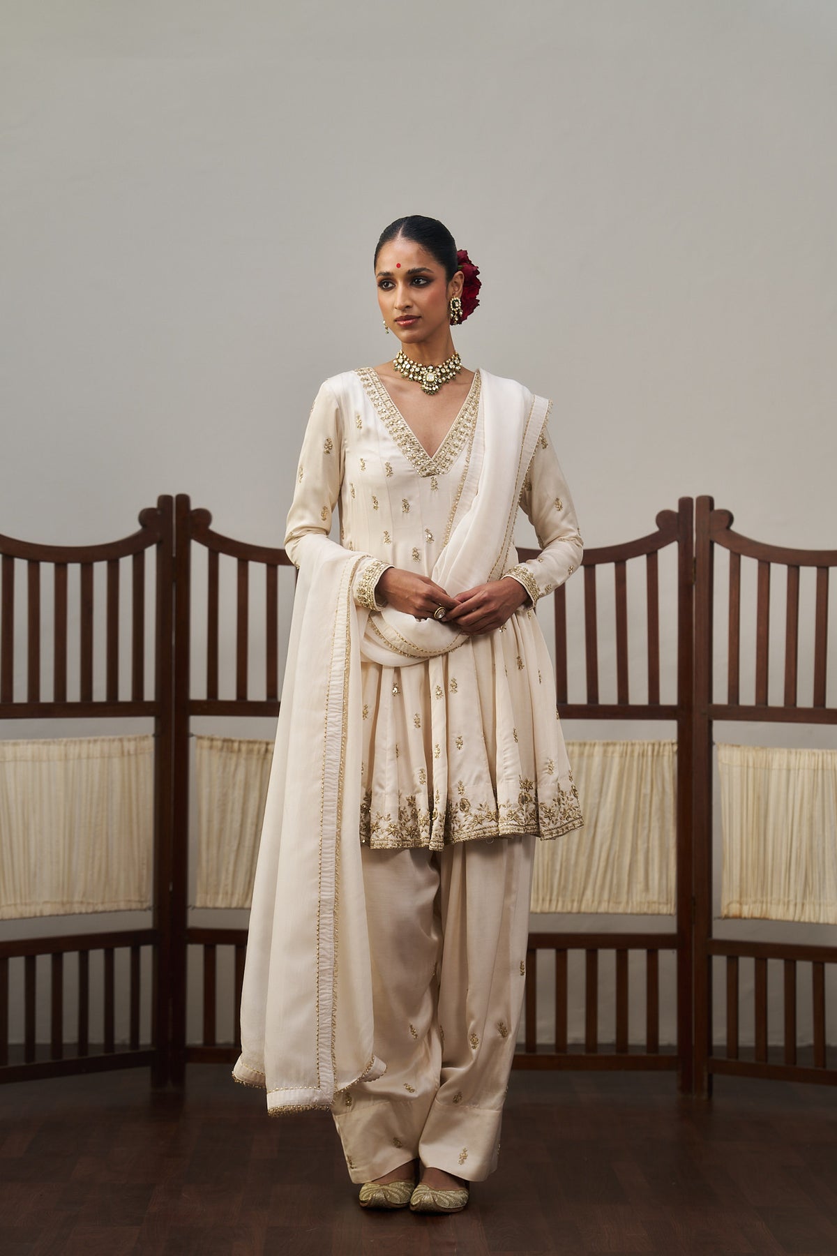 White Short Kurta And Farsi Set