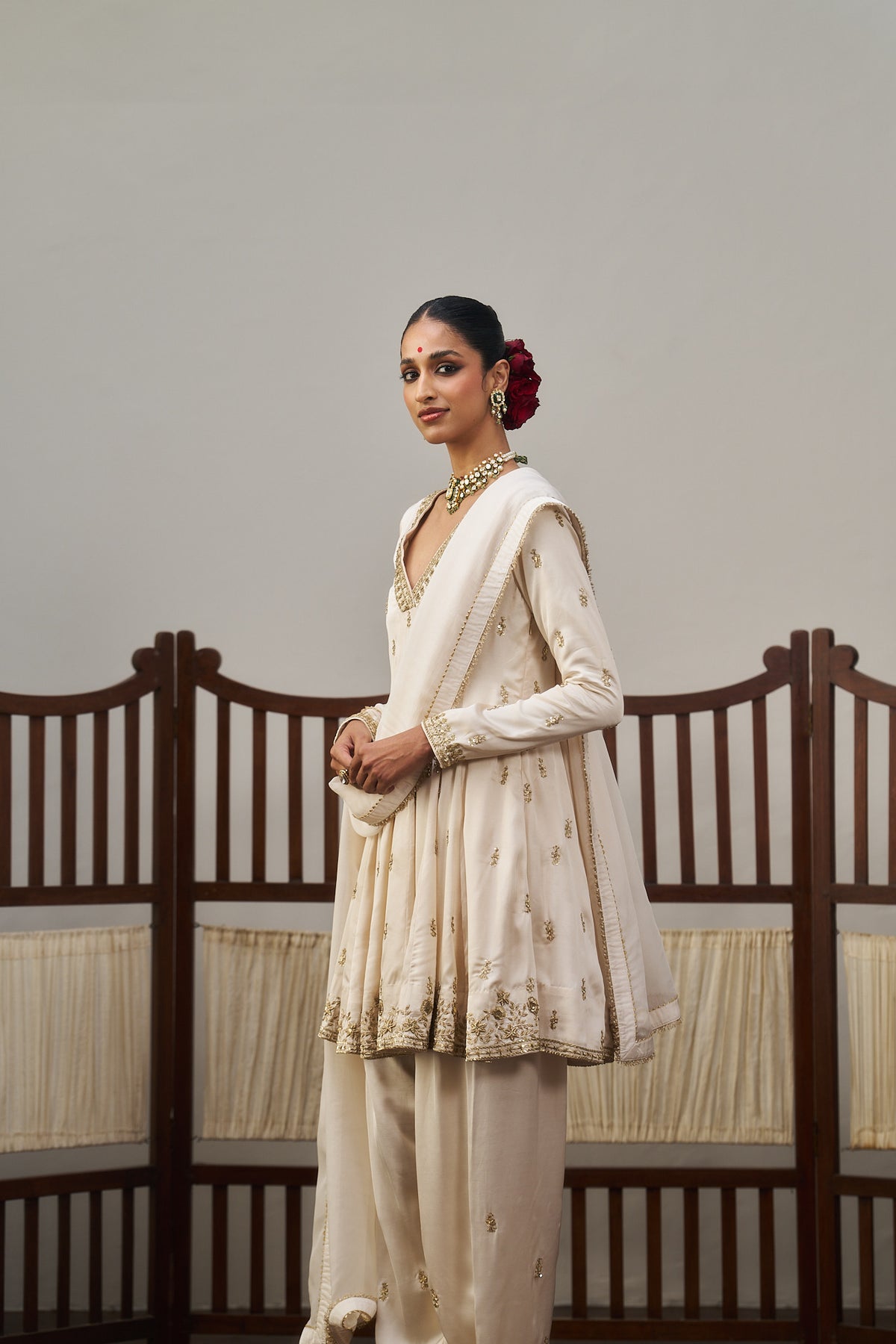 White Short Kurta And Farsi Set