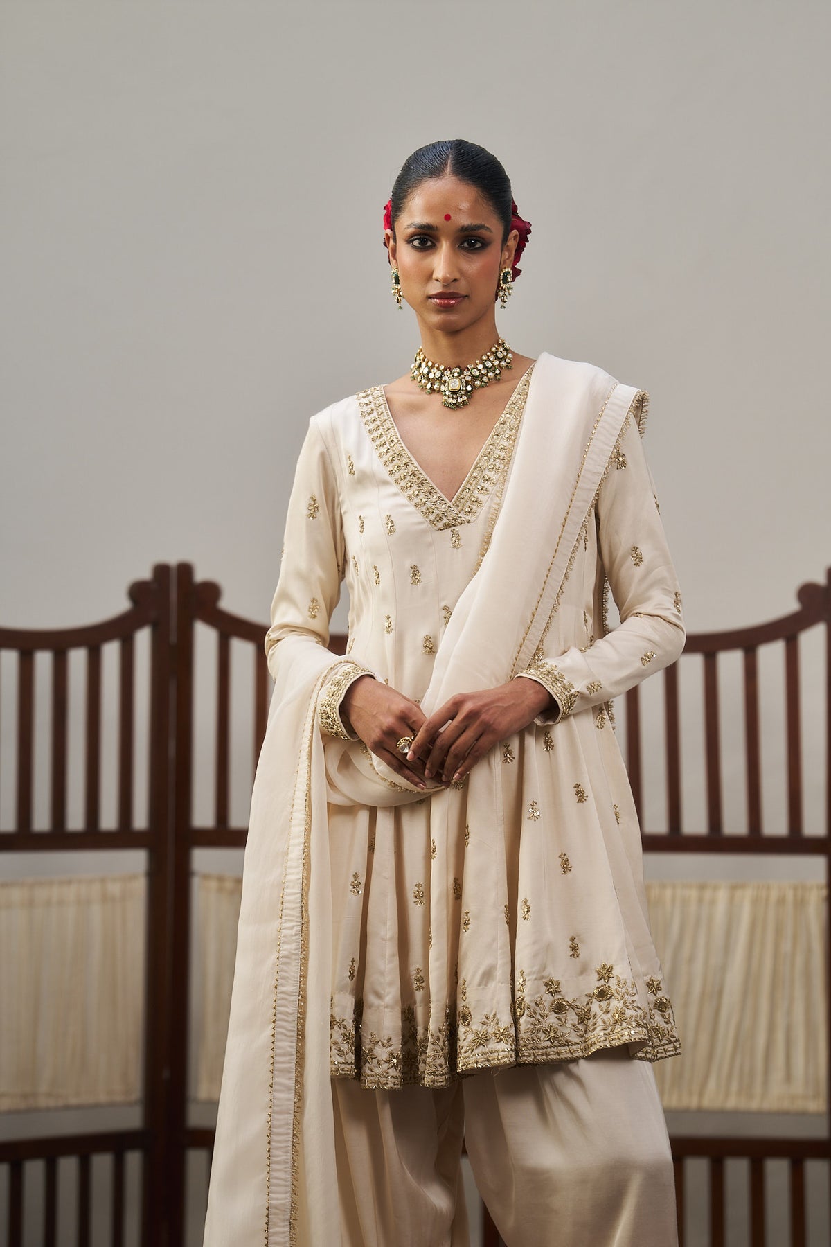 White Short Kurta And Farsi Set
