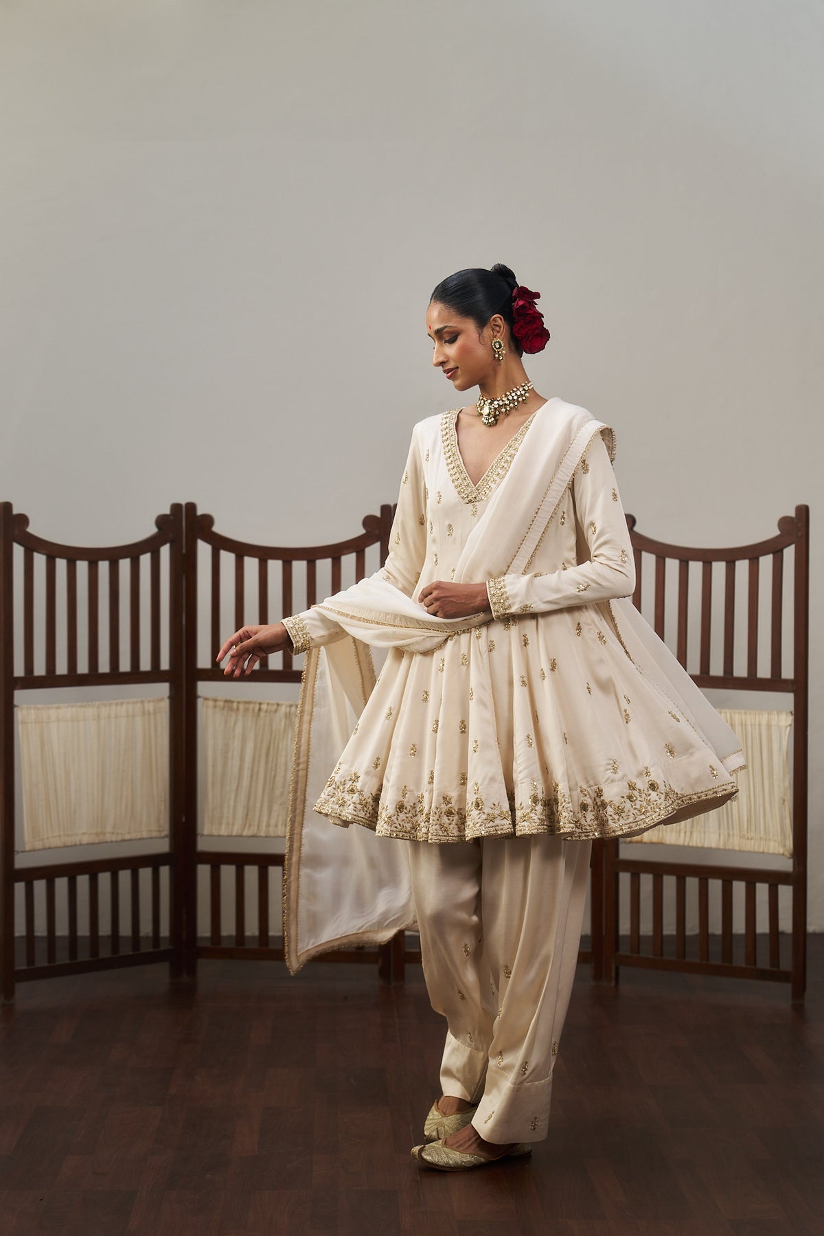 White Short Kurta And Farsi Set