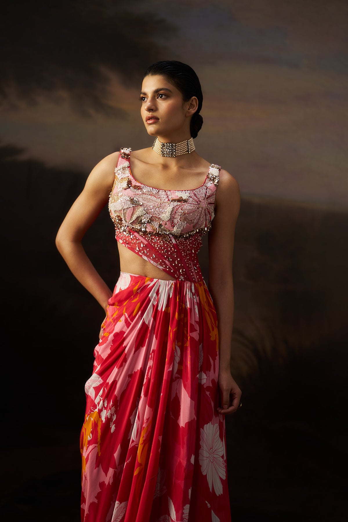 Coral Printed Corset Gown
