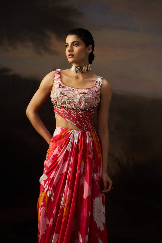 Coral Printed Corset Gown