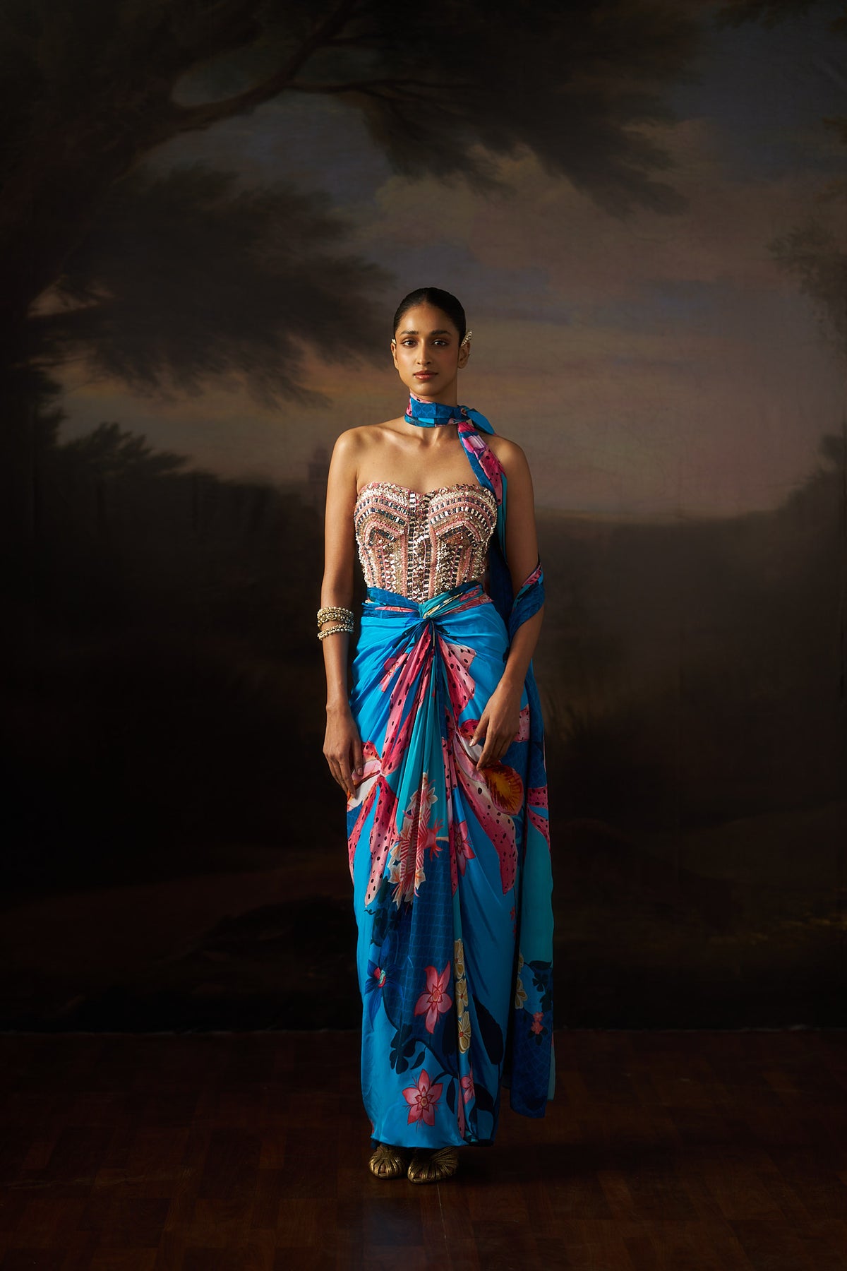 Blue Corset Top And Drape Skirt Set