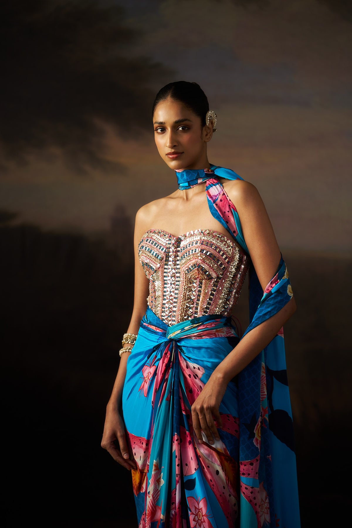 Blue Corset Top And Drape Skirt Set