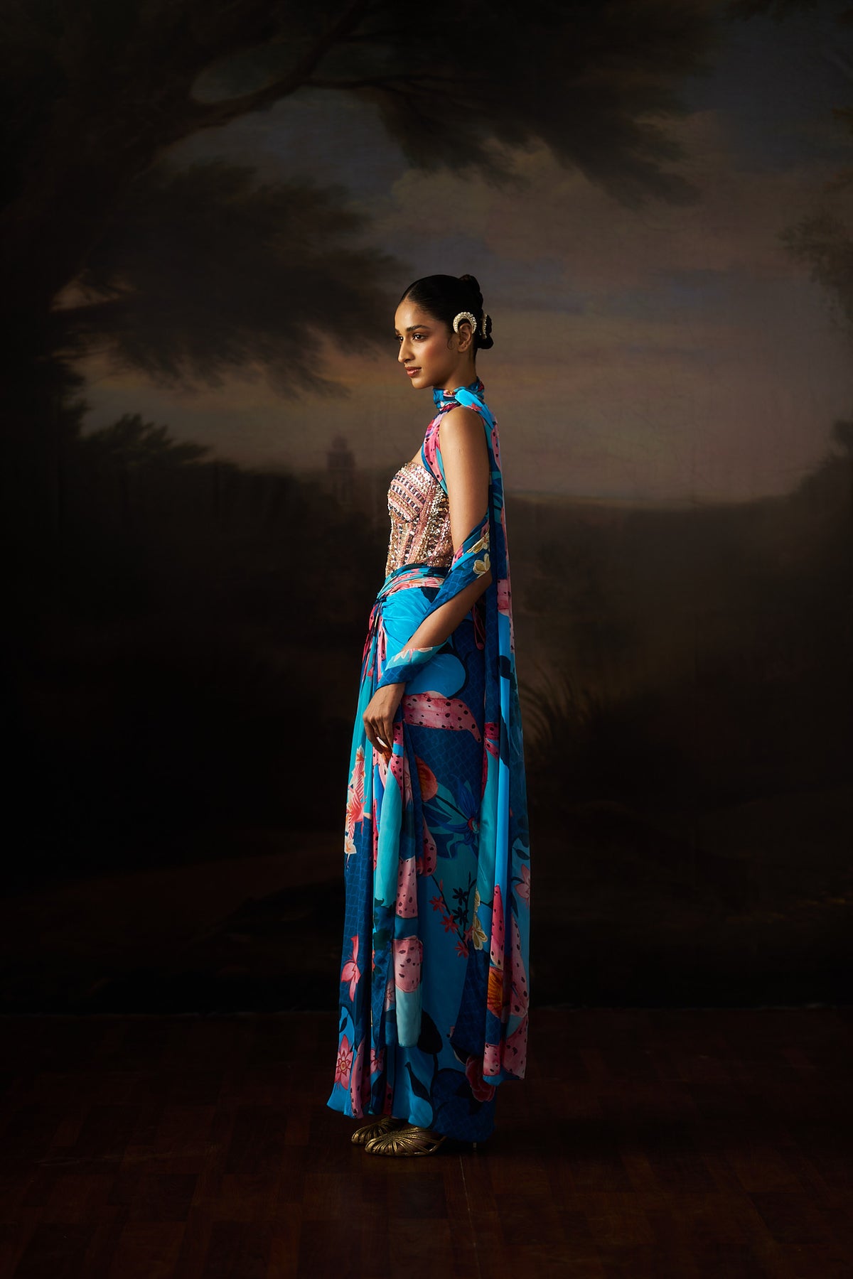 Blue Corset Top And Drape Skirt Set
