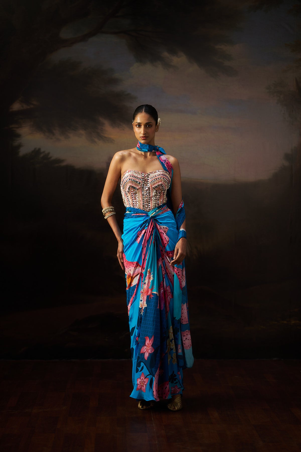 Blue Corset Top And Drape Skirt Set