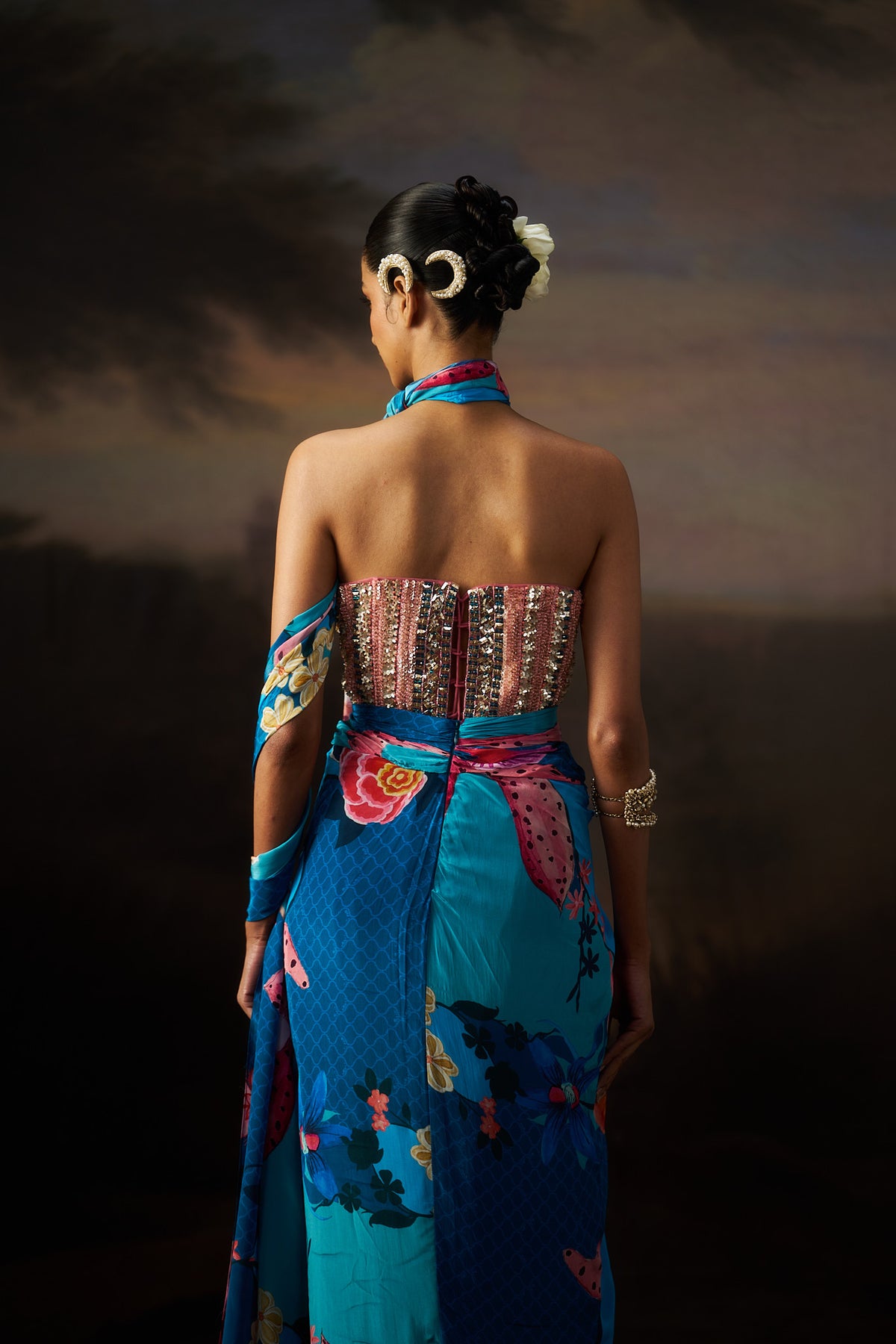 Blue Corset Top And Drape Skirt Set