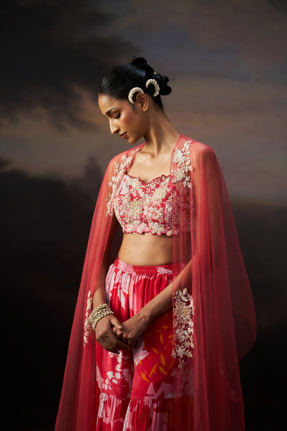 Coral Cap And Sharara Set