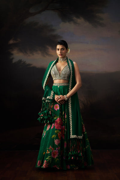 Green Printed Lehenga Set
