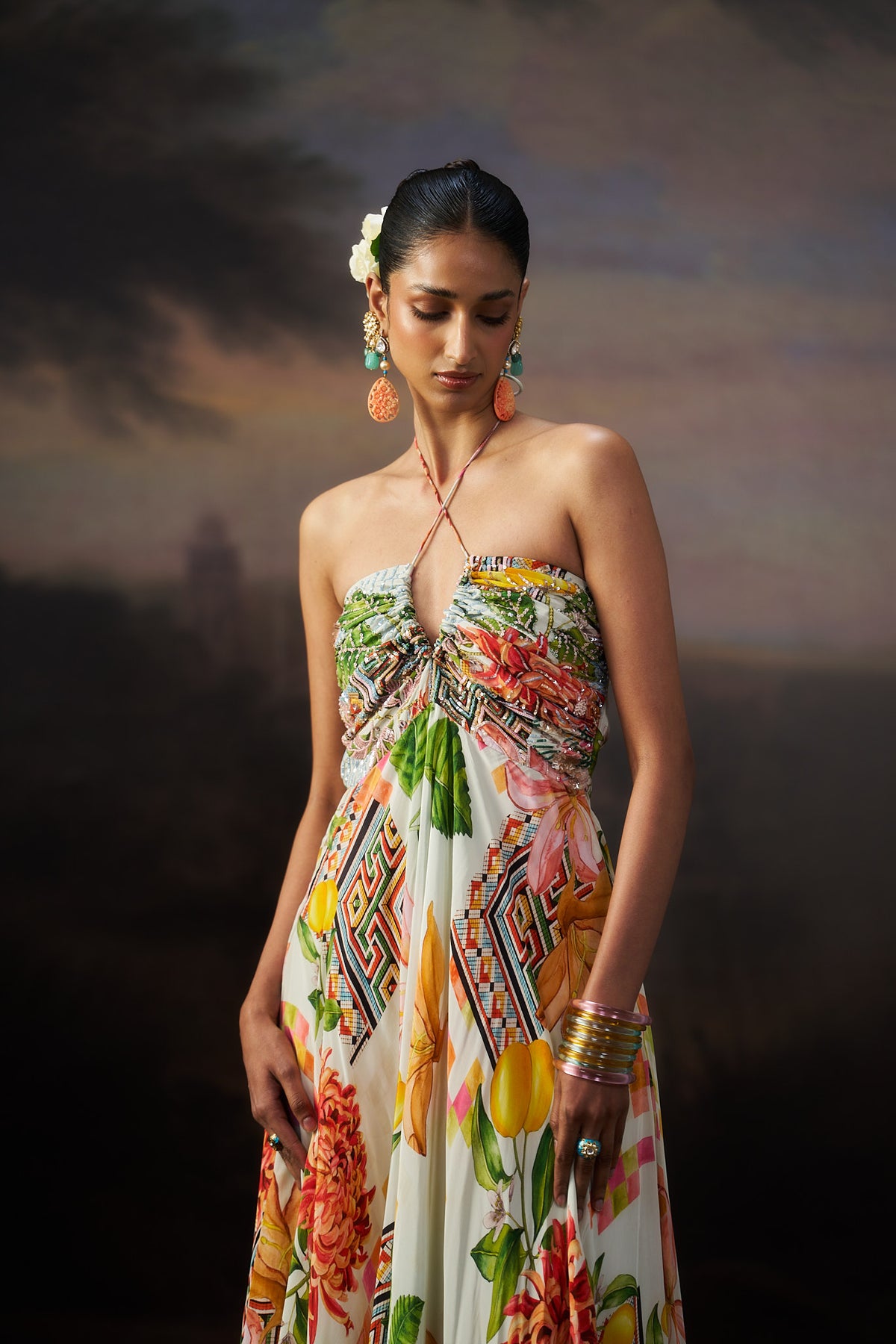 Off White Printed Gown