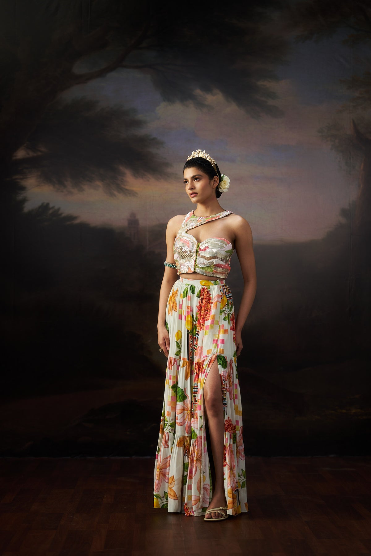 Off White Abstract Handwork Top And Slit Skirt
