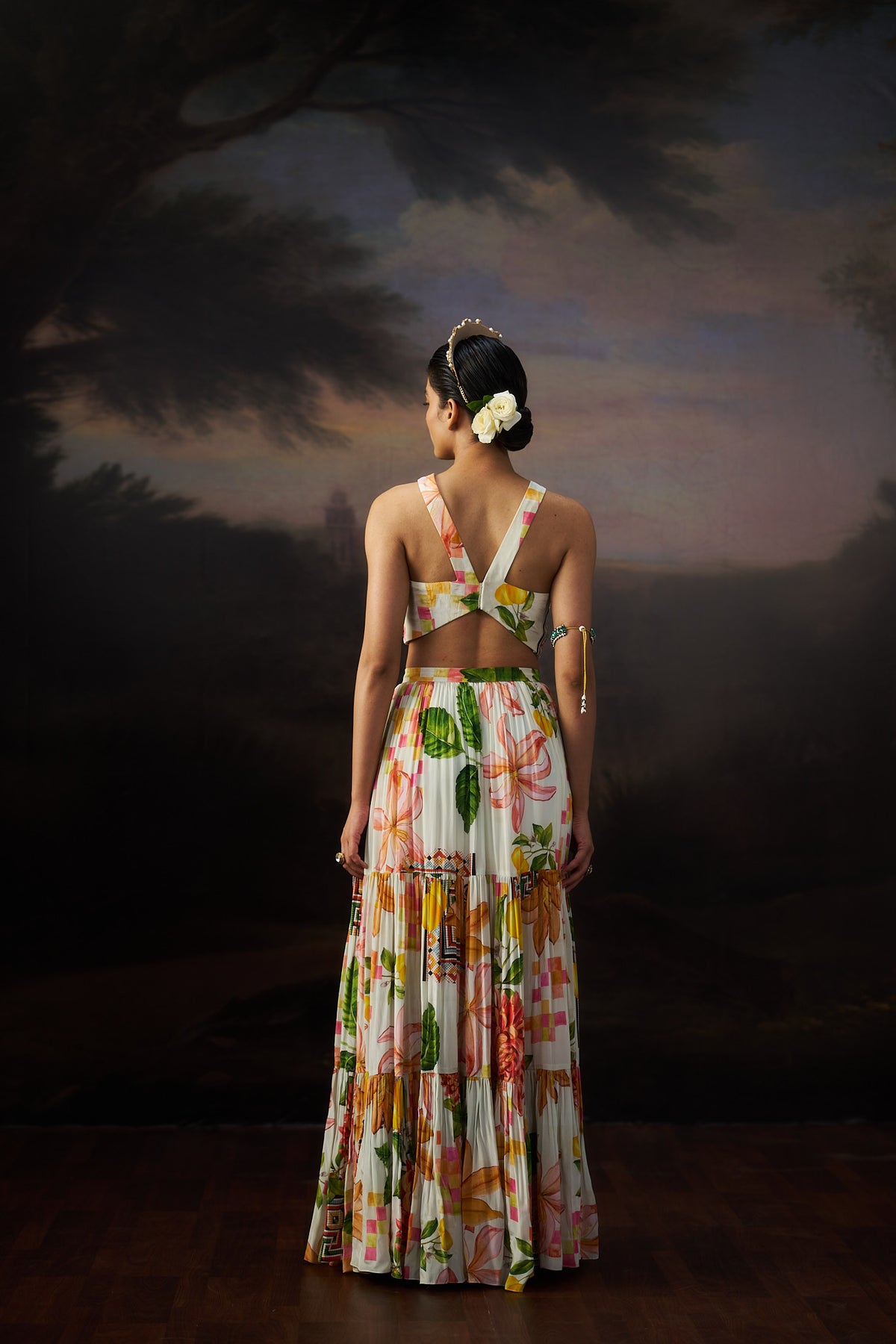 Off White Abstract Handwork Top And Slit Skirt
