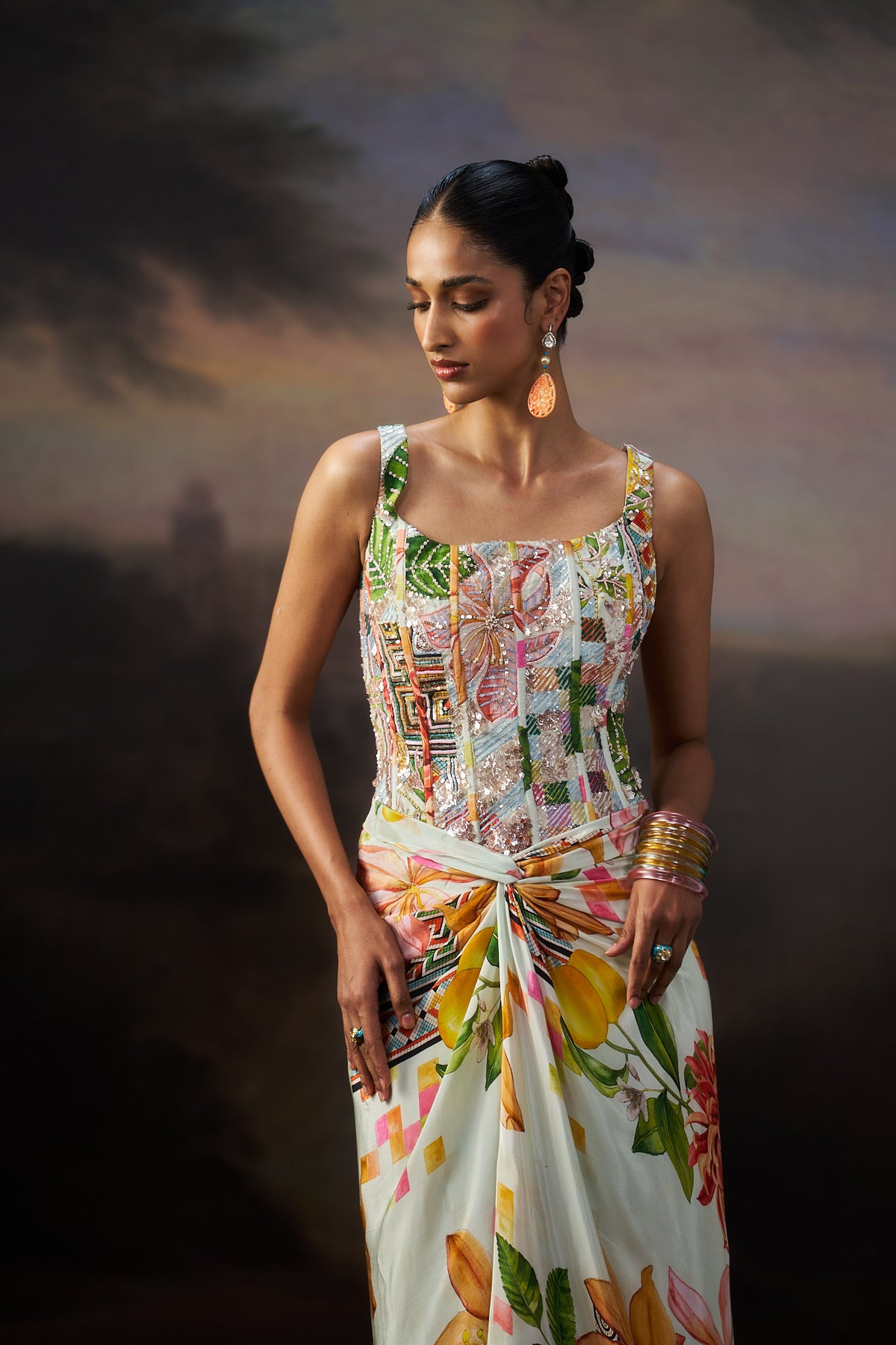 Off White Printed Tie Up Corset