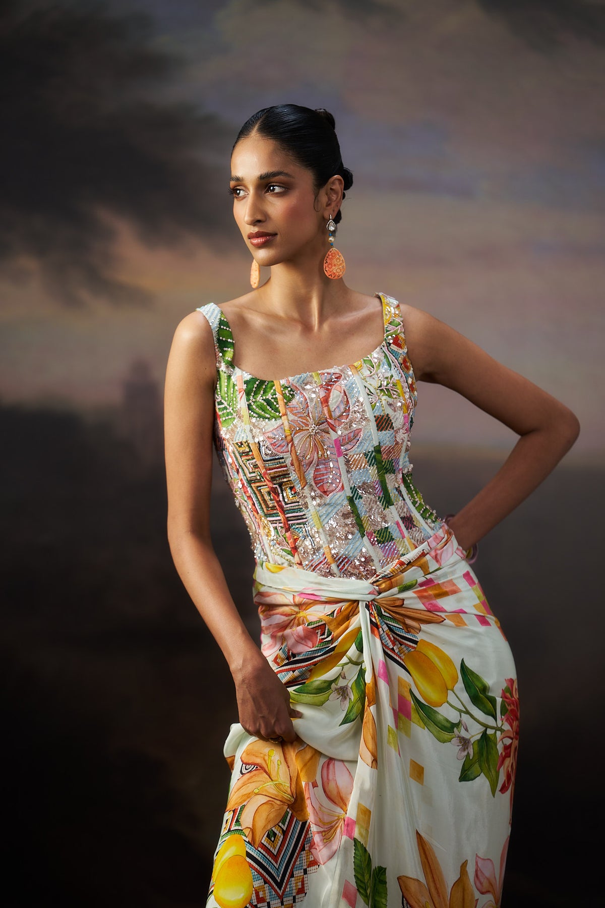 Off White Printed Tie Up Corset