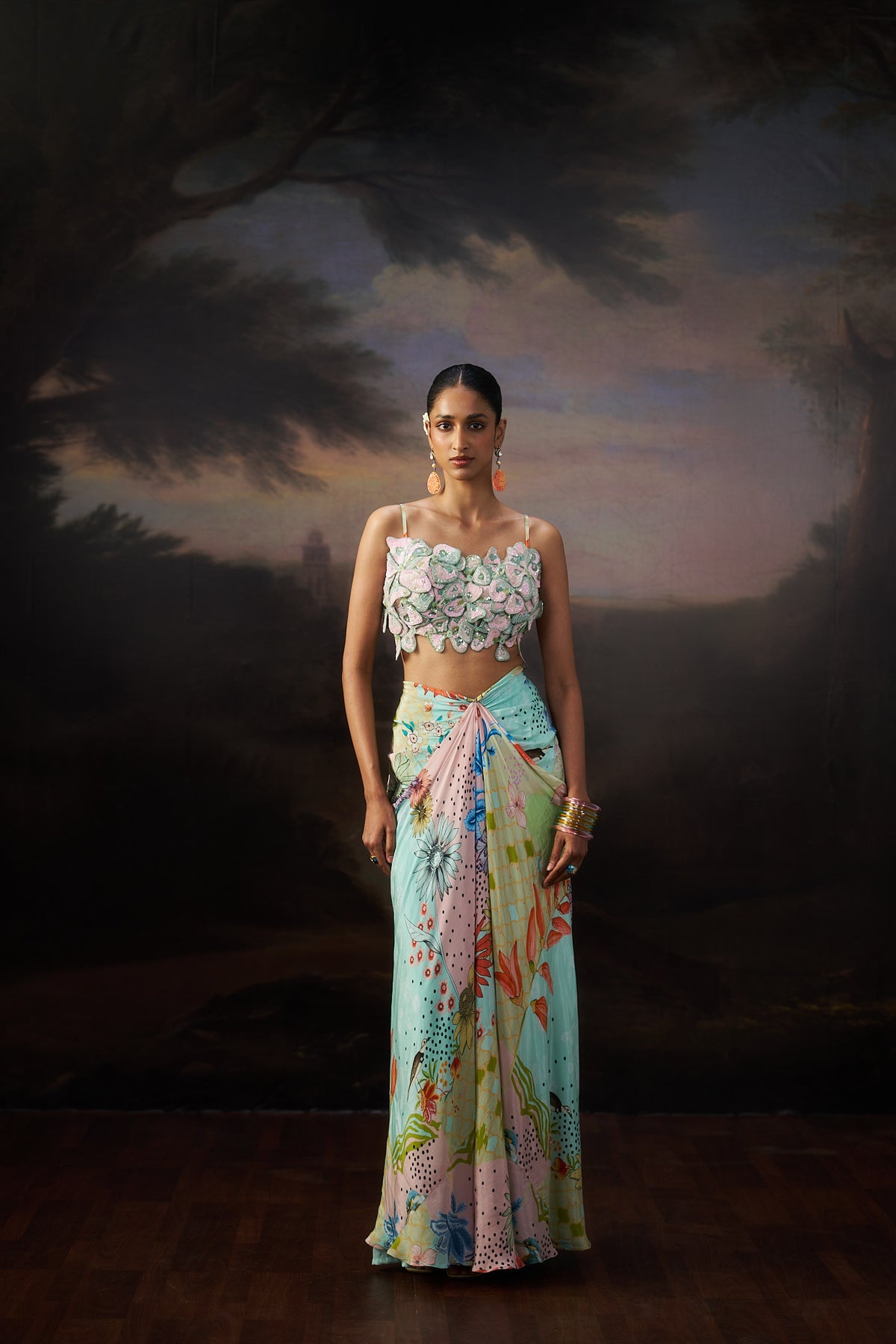 Sea Green 3D Flower Top & Drape Skirt