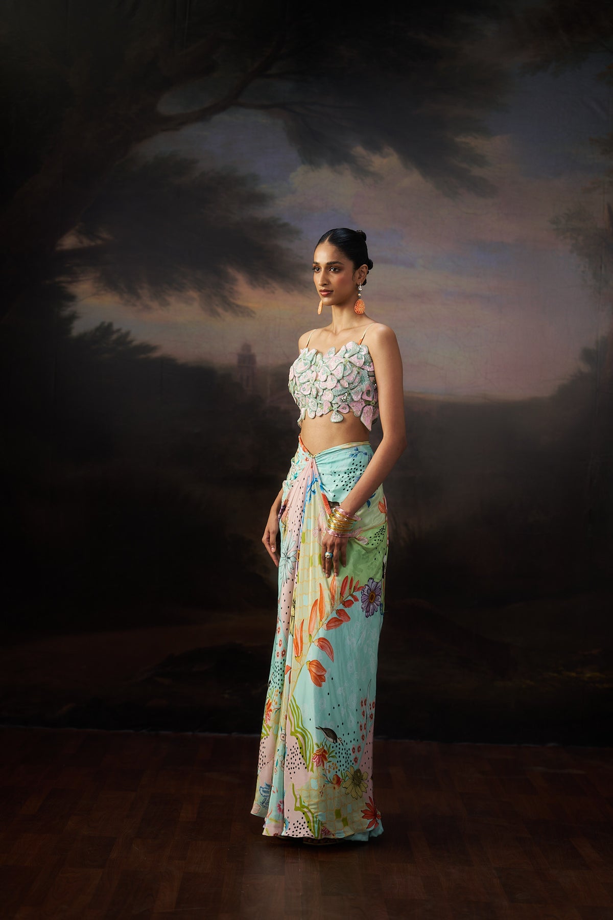 Sea Green 3D Flower Top & Drape Skirt